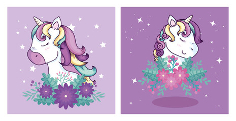 set designs of unicorns and cute icons vector illustration design