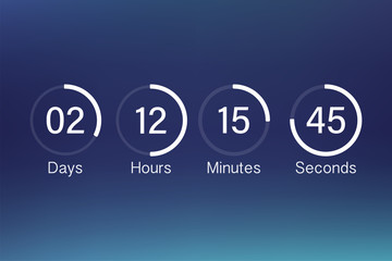 Vector countdown clock counter timer. UI app digital count down circle board meter with circle time pie diagram. Scoreboard of day, hour, minutes and seconds for web page coming soon event template.