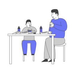 Family Unhealthy Eating Concept. Fatty Father and Fat Child Sitting at Table with Plenty of Fast Food Contain Carbohydrates and Oils, Drinking Soda Beverages Cartoon Flat Vector Illustration, Line Art