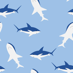 Vector sea animal wild. Seamless pattern with sharks on blue background. Vector colorful illustration. Adorable character for cards, wallpaper, textile, fabric. Flat style.
