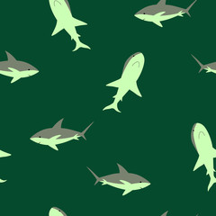 Vector sea animal wild. Seamless pattern with sharks on green background. Vector colorful illustration. Adorable character for cards, wallpaper, textile, fabric. Cartoon style.