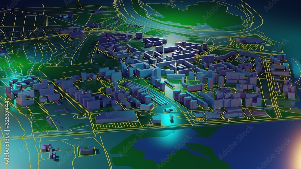 Poster digital 3d rendering city. light trails symbolise data travelling in modern city. flowing data parti