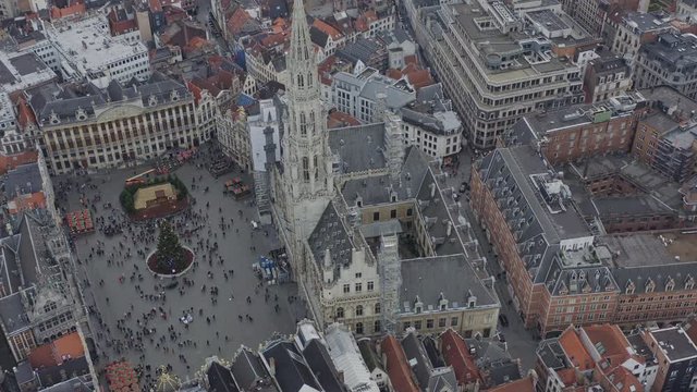 Brussels Belgium Aerial v6 Birdseye view flying around Grand Place square - December 2019