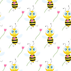 Seamless pattern with bees and flowers on white background. Vector illustration. Adorable cartoon character. Template design for invitation, cards, textile, fabric. Doodle style. Bee with tulip.