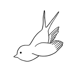 Сartoon swallow silhouette. Cute bird in flight icon. Vector illustration isolated on white background.  Black outline in doodle style. Template design for invitation, poster, card, web. 