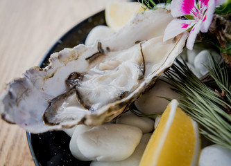 Fresh oysters on a plate with ice and flowers. Restaurant