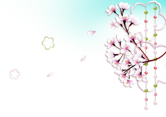 桜の花と玉すだれに桜型のオブジェのイラスト横スタイル背景素材
