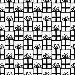 Holiday seamless pattern with present on white background. Vector illustration for Birthday, Merry Christmas, New year. Template design for invitation, poster, card, fabric, textile. Doodle style.