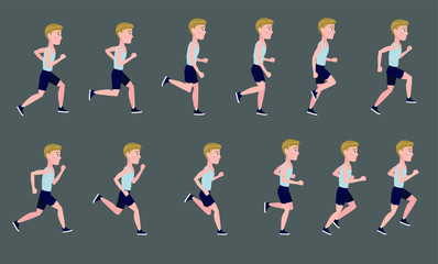 Young man or teenager is running. Full cycle of character running animation.