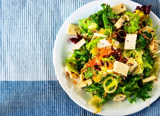Salad plate with tofu, lettuce, rucola, carrot and onion.