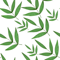 Spring abstract tropical floral seamless pattern with green leaves on white background. Design for web, textures, card, poster, fabric, textile. Doodle style. Colorful gradient vector illustration.