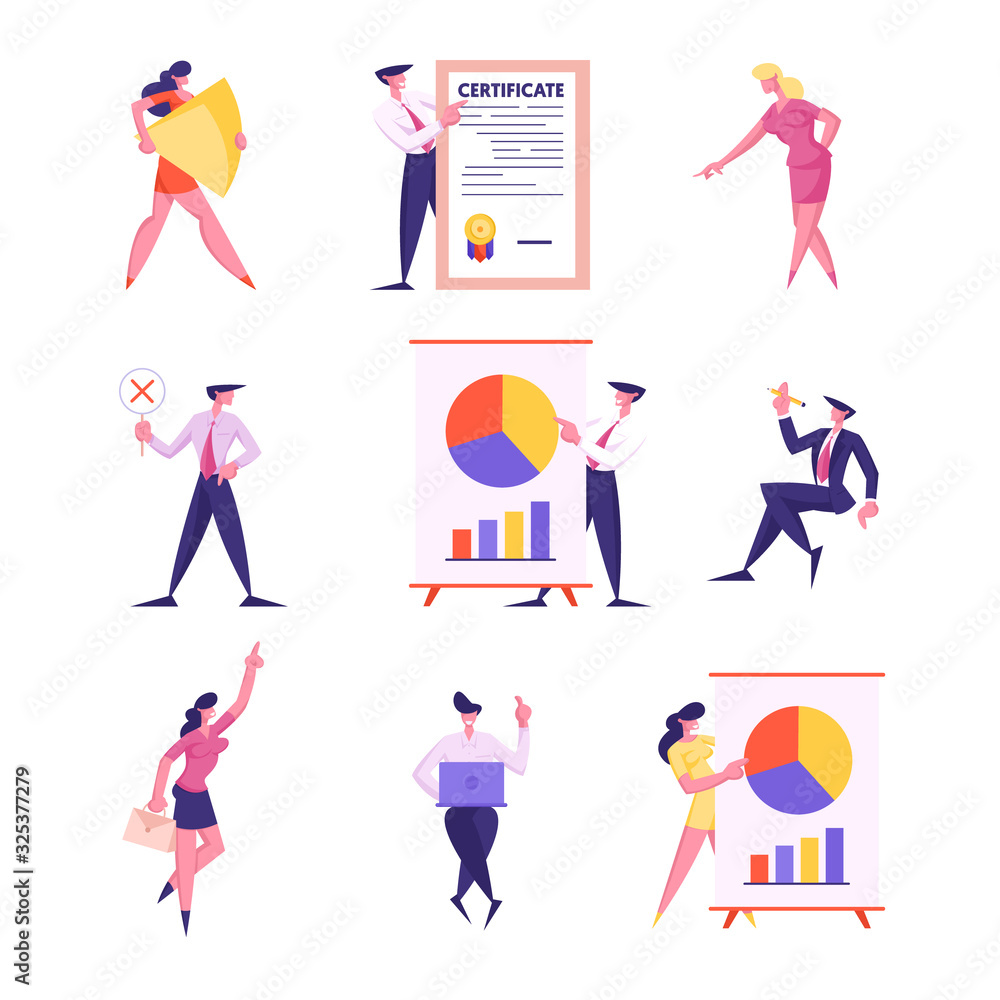 Poster set of businesspeople office routine and working process, presentation with pie chart statistics, wo