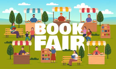 Fototapeta na wymiar Book fair on street, booth stalls bookcases. Outdoor fair, market or street book festival. Vector illustration