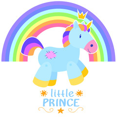 Cute hand drawn cartoon unicorn, baby animal character, little prince. Vector illustration for designing baby clothes, kid print, posters