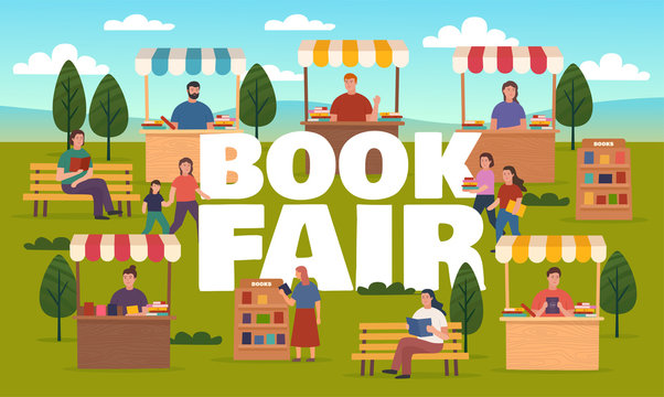 Book Fair On Street, Booth Stalls Bookcases. Outdoor Fair, Market Or Street Book Festival. Vector Illustration