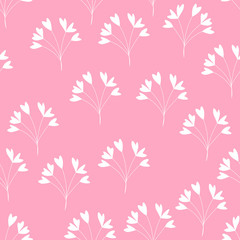 Spring abstract floral frame with white sprigs, leaves on pink background. Design for web, textures, card, poster, fabric, textile. Doodle style. Colorful vector illustration.