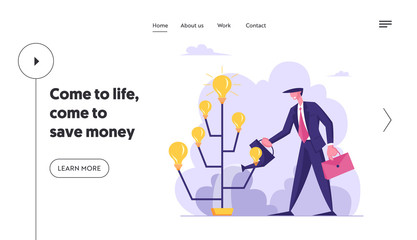 Startup Project Bringing Financial Money Success Website Landing Page. Creative Businessman Watering Idea Tree with Glowing Light Bulbs on Branches Web Page Banner. Cartoon Flat Vector Illustration