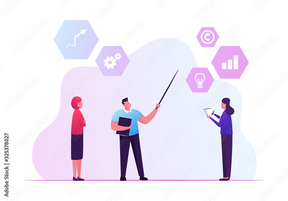 Poster key performance indicator concept. businessman pointing major kpi points to colleagues following obj