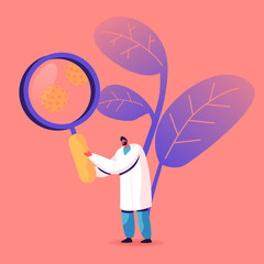 Male Doctor in White Medical Robe with Huge Magnifying Glass Looking on Hepatitis Cells. Clinic Medicine Profession, Hospital Healthcare Staff at Work, Liver Disease Cartoon Flat Vector Illustration