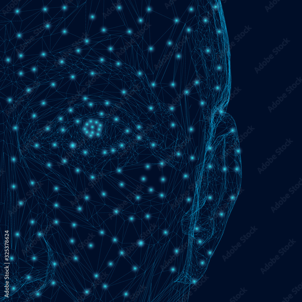 Poster wireframe of the polygonal face of a person from blue lines with luminous lights on a dark backgroun