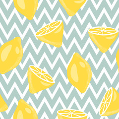 Illustration d& 39 été d& 39 agrumes avec des citrons et des feuilles. Motif Seamlees avec des fruits colorés sur fond de zigzag bleu et blanc. Notion de nourriture. Conception de modèle pour invitation, carte, tissu, textile.