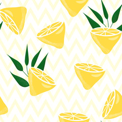 Illustration d& 39 été d& 39 agrumes avec des citrons et des feuilles. Motif Seamlees avec des fruits colorés sur fond de zigzag jaune et blanc. Notion de nourriture. Conception de modèle pour invitation, carte, tissu, textile.