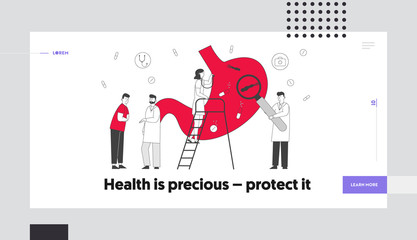 Gastroenterology and Helicobacter Disease.Website Landing Page. Man Suffering of Stomachache Causes of Gastritis, Patient Touch Painful Belly Web Page Banner. Cartoon Flat Vector Illustration Line Art