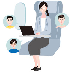 Fototapeta premium 新幹線 飛行機でチャットをするスーツ姿の女性