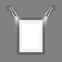 Two wall spot lights with empty modern photo frame. Realistic vector illustration