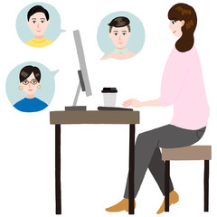 テレワークで会議する女性　横向き