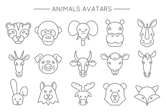 Animal face set. Vector illustration. Animals linear art icons. Cute cartoon avatars.