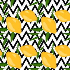 Illustration d& 39 été d& 39 agrumes avec des citrons et des feuilles. Motif Seamlees avec des fruits colorés sur fond de zigzag noir et blanc. Notion de nourriture. Conception de modèle pour invitation, carte, tissu, textile.