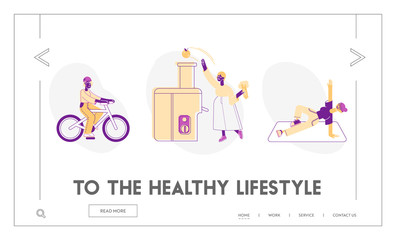 Physical Health Website Landing Page. Sportswomen Riding Bicycle, Use Juicer Machine for Cooking, Fitness Exercising in Gym Healthy Lifestyle Web Page Banner. Cartoon Flat Vector Illustration Line Art