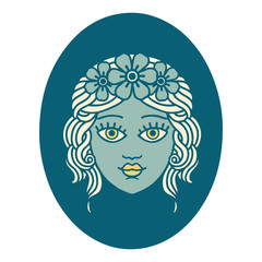 tattoo style icon of a maiden with crown of flowers