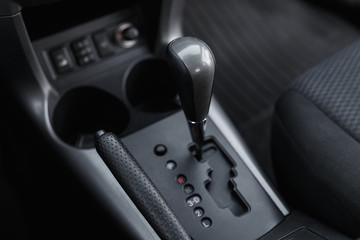 Automatic transmission car, detail of modern car interior, close up