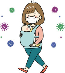 マスクをして赤ちゃんと外出するお母さん