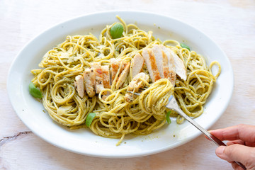 Pasta with Grilled Chicken and Basil Pesto Sauce