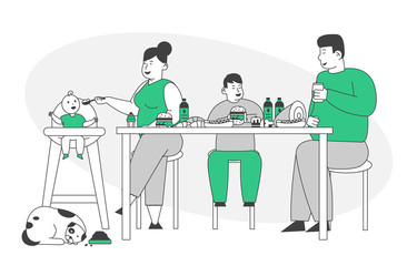 Fat Family Eating Unhealthy Food with High Level of Carbs. Mother, Father and Kids Sitting at Table with Bakery, Fastfood and Meat, Thick Dog Sleep on Floor Cartoon Flat Vector Illustration, Line Art