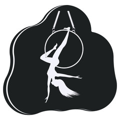 Aerial yoga on the ring - white silhouette of a lady on a black background - isolated - vector. Female aerobics. Fitness Acrobatics