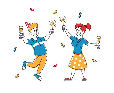 Birthday Party Celebration. Cheerful People in Festive Hats with Wine Glasses in Hands Celebrating Holiday on White Background with Balloons and Confetti. Cartoon Flat Vector Illustration, Line Art