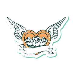 distressed sticker tattoo style icon of a flying heart with flowers and banner