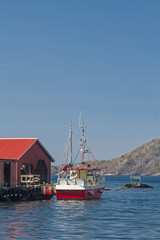 Fototapeta na wymiar Fischkutter in Bjornevag am Spindsfjorden
