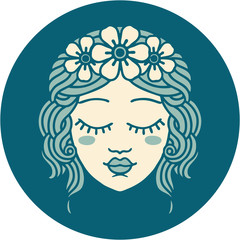 tattoo style icon of female face with eyes closed