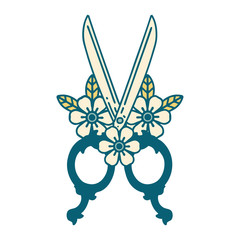 tattoo style icon of a barber scissors and flowers