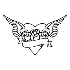 black line tattoo of a heart with wings flowers and banner