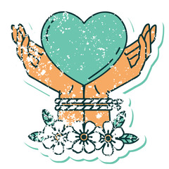 distressed sticker tattoo style icon of tied hands and a heart