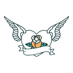 tattoo style icon of a flying heart with flowers and banner