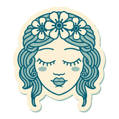 tattoo style sticker of female face with eyes closed