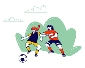 Couple of Little Girls in Sports Uniform Practicing Football Game, Soccer Player Kicking Ball Take Part in Junior School Competition. Children Soccer Training Cartoon Flat Vector Illustration Line Art