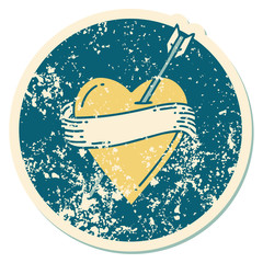 distressed sticker tattoo style icon of an arrow heart and banner